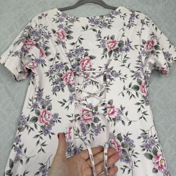 Vtg 90s Knit Maxi Dress Large Pink Floral Ties Cottage Modest Grandma Feminine - Picture 10 of 15